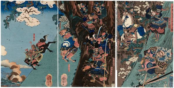 Utagawa Kuniyoshi: Yoshitsune's Troops Descending the Cliff at Ichinotani (Yoshitsune no gunpyô Ichinotani sakaotoshi no zu) - Museum of Fine Arts