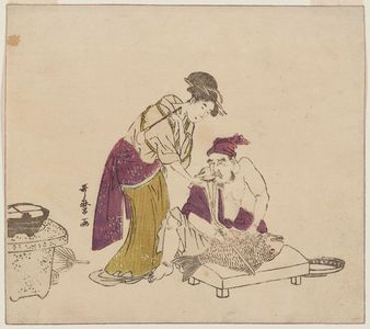 喜多川歌麿: Ebisu Preparing to Carve a Tai While a Young Woman Gives Him Sake, from an untitled series of the Seven Gods of Good Fortune (Shichifukujin) - ボストン美術館