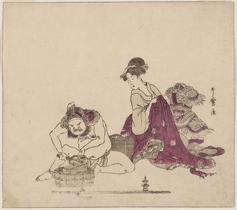 喜多川歌麿: Bishamon Grinding a Spear-Head and Young Woman Looking On, from an untitled series of the Seven Gods of Good Fortune (Shichifukujin) - ボストン美術館