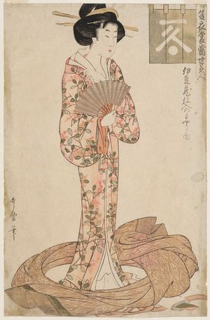 Kitagawa Utamaro: Suited to Patterns Stocked by Izugura (Izukura shi-ire no moyô muki), from the series Summer Outfits: Beauties of Today (Natsu ishô tôsei bijin) - Museum of Fine Arts