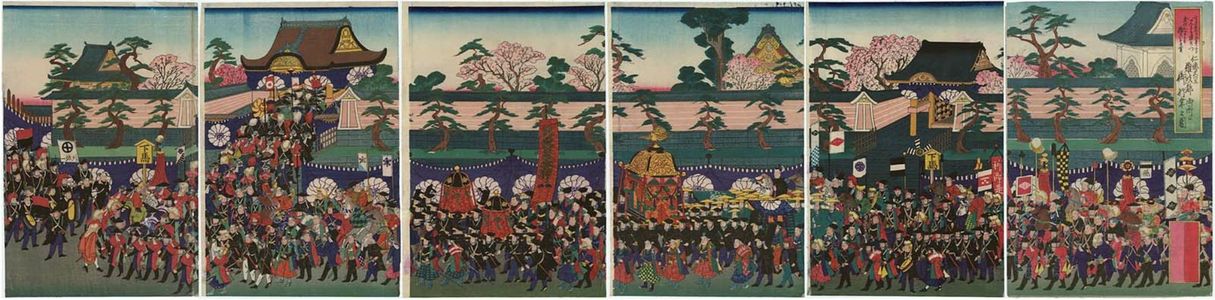 代長谷川貞信〈2〉: Emperor Nintoku Visits His Palace in the City of Naniwa (Nintoku tennô Naniwa-to gosho e miyuki no zu) - ボストン美術館