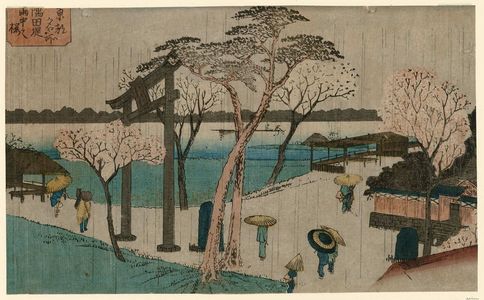 Utagawa Hiroshige: Cherry Trees in Rain on the Sumida River Embankment (Sumida zutsumi uchû no sakura), from the series Famous Places in the Eastern Capital (Tôto meisho) - Museum of Fine Arts