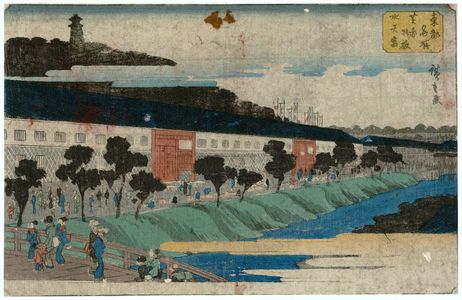 Utagawa Hiroshige: Akabane Bridge and Suiten Shrine in Shiba (Shiba Akabane Suitengû), from the series Famous Places in the Eastern Capital (Tôto meisho) - Museum of Fine Arts