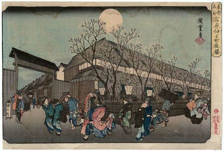 Utagawa Hiroshige: Cherry Blossoms at Night on Naka-no-chô in the Yoshiwara (Yoshiwara Naka-no-chô yozakura), from the series Famous Places in the Eastern Capital (Tôto meisho) - Museum of Fine Arts