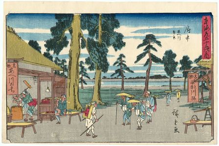 歌川広重: Fuchû: Distant View of the Abe River (Fuchû, Abekawa enkei), from the series The Fifty-three Stations of the Tôkaidô Road (Tôkaidô gojûsan tsugi no uchi), also known as the Gyôsho Tôkaidô - ボストン美術館