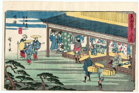 Utagawa Hiroshige: Narumi: Shop Selling Famous Arimatsu Tie-dyed Fabric (Narumi, meibutsu Arimatsu shibori mise), from the series The Fifty-three Stations of the Tôkaidô Road (Tôkaidô gojûsan tsugi no uchi), also known as the Gyôsho Tôkaidô - Museum of Fine Arts