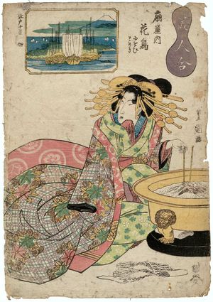 Utagawa Toyoshige: Tsukuda: Hanatori of the Ôgiya, kamuro Nioi and Tomeki, from the series Ten Views of Edo/Comparison of Beauties (Edo jukkei/Bijin awase) - Museum of Fine Arts