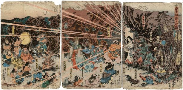 歌川国貞: The Origins of Sacred Dance at the Heavenly Cave (Iwato kagura no kigen) - ボストン美術館