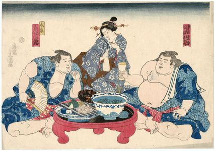 Utagawa Kunisada: Sumô Wrestlers Kuroiwa and Marukame Zôgabana at a Restaurant - Museum of Fine Arts