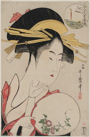 Kitagawa Utamaro: Kisegawa of the Matsubaya (Matsubaya Kisegawa, in rebus form), from the series Comparing the Charms of Five Beauties (Gonin bijin aikyô kurabe) - Museum of Fine Arts