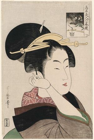 Kitagawa Utamaro: Tatsumi Rokô (name in rebus form), from the series Renowned Beauties Likened to the Six Immortal Poets (Kômei bijin rokkasen) - Museum of Fine Arts