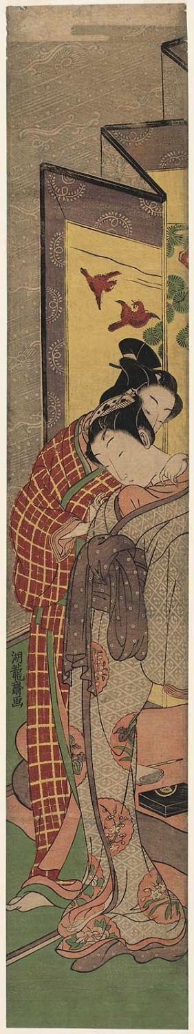 Isoda Koryusai: Standing Couple Embracing beside a Folding Screen - Museum of Fine Arts