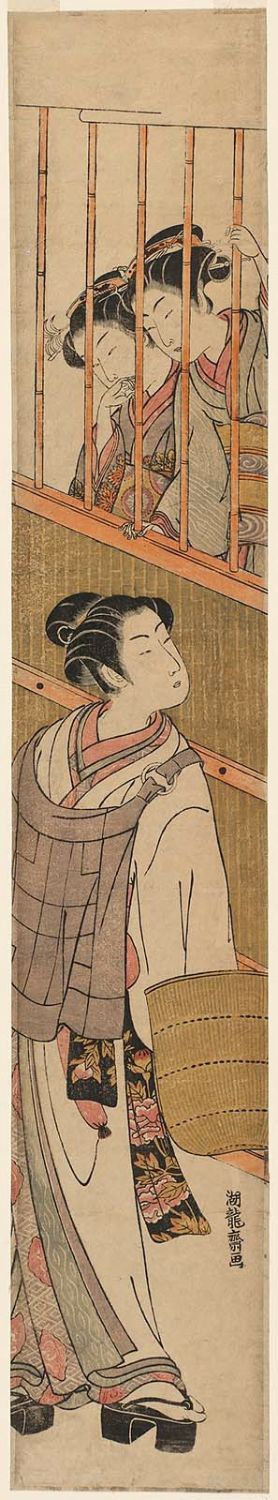 Isoda Koryusai: Two Girls Looking out a Window at a Young Man Dressed as a Komusô - Museum of Fine Arts