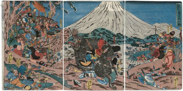 歌川芳員: Lord Yoritomo's Hunt at Mount Fuji (Yoritimo kô Fuji no mikari zu) - ボストン美術館