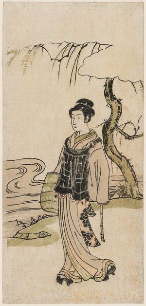 Unknown: Young Man Dressed as Komusô Walking beside a Stream - Museum of Fine Arts