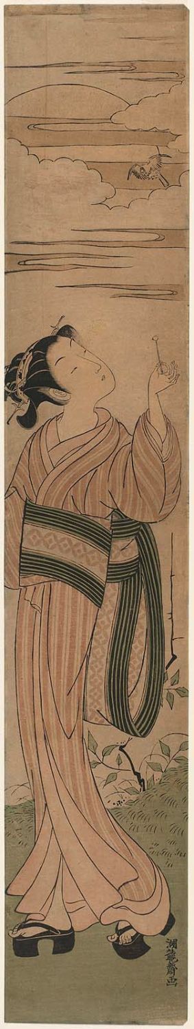 Isoda Koryusai: Young Woman Luring a Bird with Food on a Stick - Museum of Fine Arts