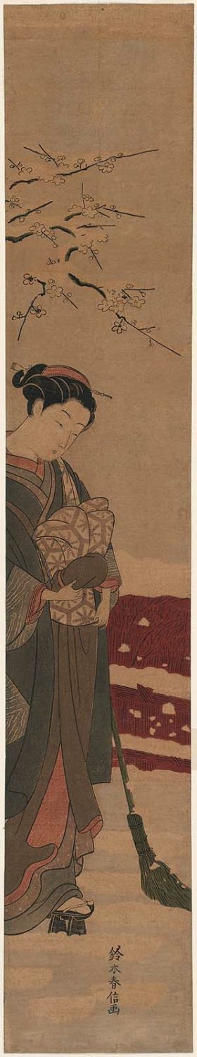 Suzuki Harunobu: Young Woman Sweeping Snow - Museum of Fine Arts