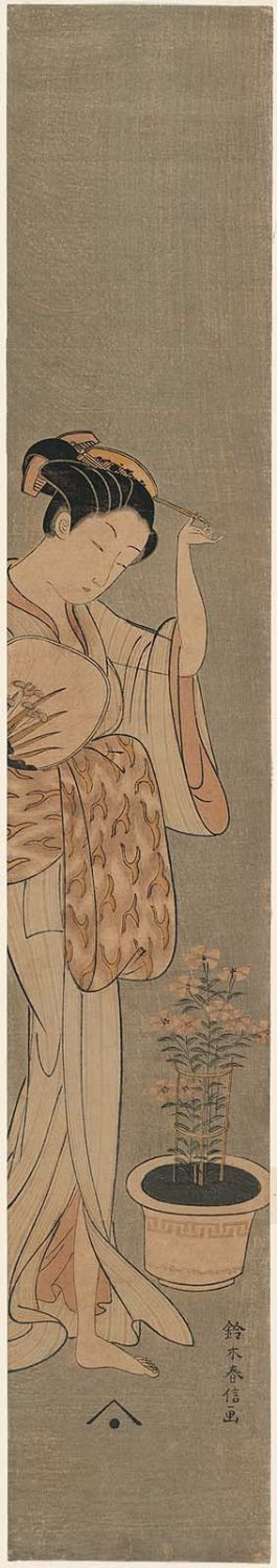 Suzuki Harunobu: Woman in Summer Clothing with Potted Pinks - Museum of Fine Arts