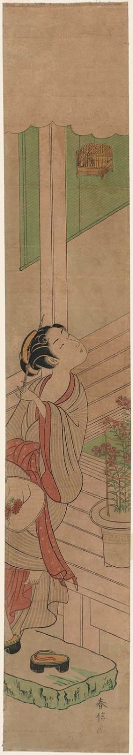 鈴木春信: Woman with Fan Seated on a Veranda - ボストン美術館