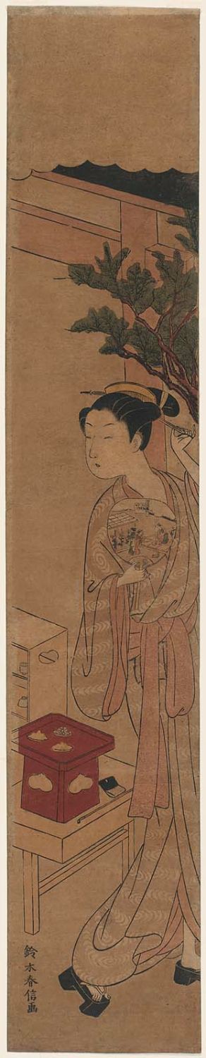 鈴木春信: Osen of the Kagiya Teahouse, Holding a Fan and Adjusting a Haripin - ボストン美術館