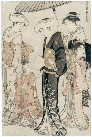 鳥居清長: Young Girl and Four Attendants, from the series Current Manners in Eastern Brocade (Fûzoku Azuma no nishiki) - ボストン美術館