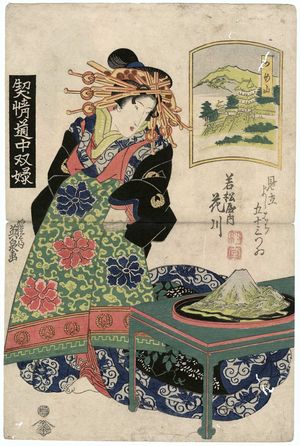 渓斉英泉: Kameyama: Hanakawa of the Wakamatsuya, from the series A Tôkaidô Board Game of Courtesans: Fifty-three Pairings in the Yoshiwara (Keisei dôchû sugoroku/Mitate Yoshiwara gojûsan tsui [no uchi]) - ボストン美術館