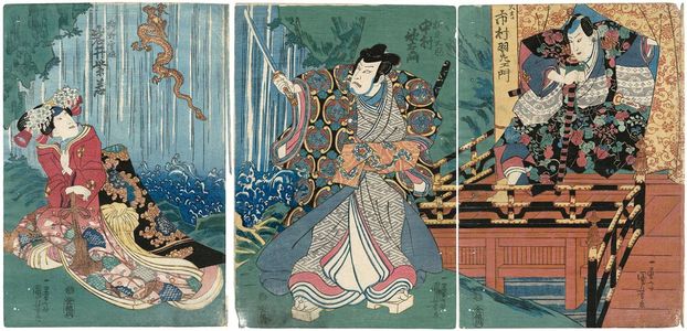 Utagawa Kuniyoshi: Actors Nakamura Uzaemon as Hisayoshi (R), Nakamura Utaemon as Matsunaga Daisen (C), and Iwai Shijaku as Kano Yuki-hime (L) - Museum of Fine Arts