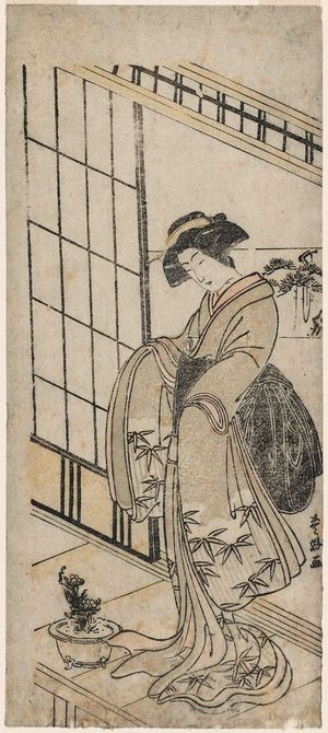 Katsukawa Shunko: Young Woman Admiring a Potted Adonis Plant - Museum of Fine Arts