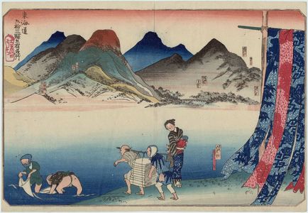 Japanese Print "Five Stations: Akasaka, Fujikawa, Okazaki, Chiryû, and Narumi, from the series Famous Views of the Fifty-three Stations of the Tôkaidô Road (Tôkaidô gojûsan eki goshuku meisho)" by Utagawa Kuniyoshi, 歌川国芳 (Utagawa Kuniyoshi)