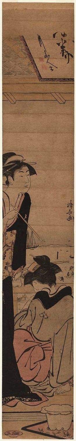 鳥居清長: Geisha and Maid Looking Out over the Bay at Shinagawa - ボストン美術館