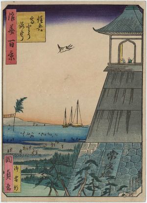 Utagawa Kunikazu: Sumiyoshi Lighthouse (Sumiyoshi Taka-tôrô), from the series One Hundred Views of Osaka (Naniwa hyakkei) - Museum of Fine Arts