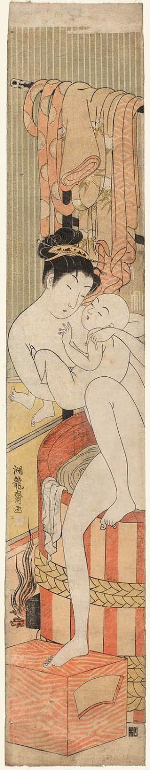 Isoda Koryusai: Woman with Baby Climbing out of Bathtub - Museum of Fine Arts