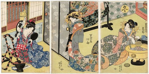 歌川国貞: Winter (Fuyu): Kamegiku of the Manjiya (R), Tagoto of the Manjiya (C), and Tsutanosuke of the Aka-Tsutaya (L), from the series The Four Seasons (Shiki no uchi) - ボストン美術館