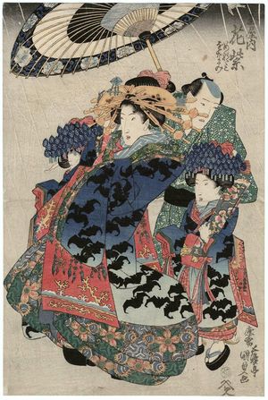 Utagawa Kunisada: Hanamurasaki of the Tamaya, kamuro Menami and Onami - Museum of Fine Arts