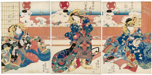 Utagawa Kunisada: Courtesans of the Kanayamaya: Hinaôgi (R), Yaezakura (C), and ...yama (L) - Museum of Fine Arts