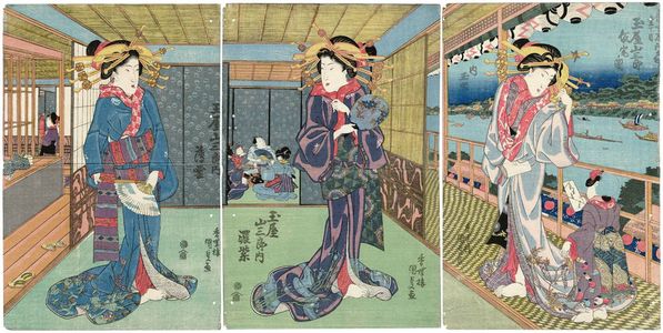 Utagawa Kunisada: Courtesans in the Temporary Lodgings of Tamaya Sanzaburô - Museum of Fine Arts