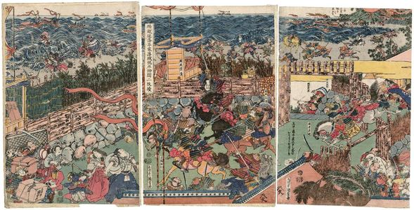 Japanese Print "In the Downhill Attack at Hiyodorigoe ... (Hiyodorigoe sakaotoshi Heike rakujô Kajiwara ...)" by Utagawa Kunisada, 歌川国貞 (Utagawa Kunisada I (Toyokuni III))