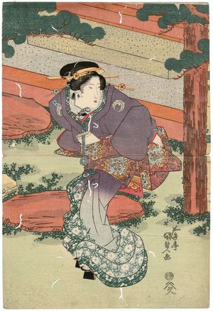 Utagawa Kunisada: Woman by Stone Step of Building - Museum of Fine Arts