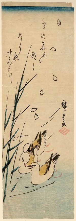 Utagawa Hiroshige: Oyster-catchers (Miyakodori), Reeds, and Falling Petals - Museum of Fine Arts