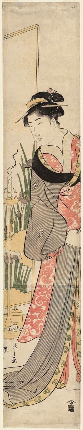 Hosoda Eishi: Standing Woman with Candle Stand and Folding Screen - Museum of Fine Arts