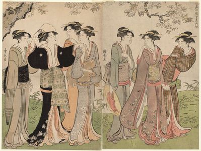 鳥居清長: Women under Cherry Blossoms, from the series Contest of Contemporary Beauties of the Pleasure Quarters (Tôsei yûri bijin awase) - ボストン美術館