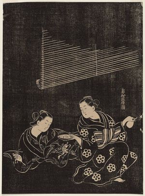奥村政信: Two Women Drinking Sake, in Ink-rubbing Style - ボストン美術館