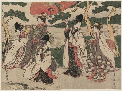 歌川豊国: Lady and Attendants under Pine Trees at the Seashore - ボストン美術館