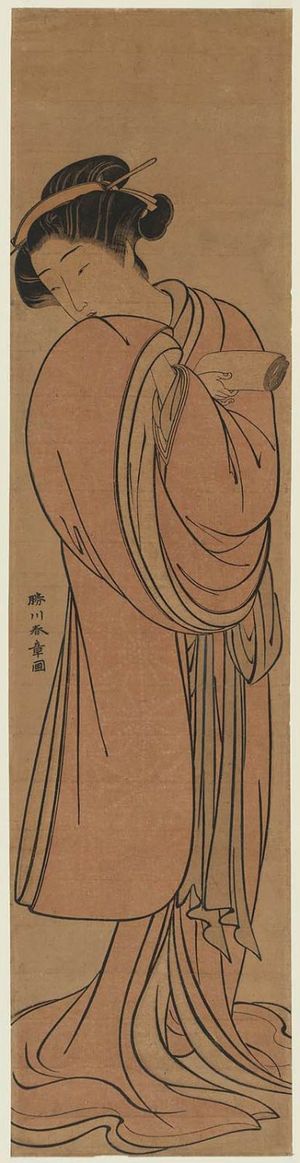 勝川春章: Woman Holding Up Her Sleeve - ボストン美術館