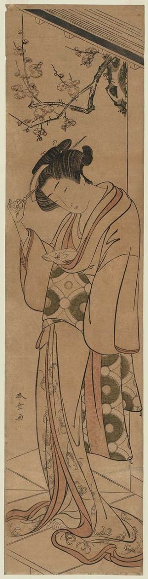 Katsukawa Shunsho: Woman on a Veranda Holding a Letter - Museum of Fine Arts