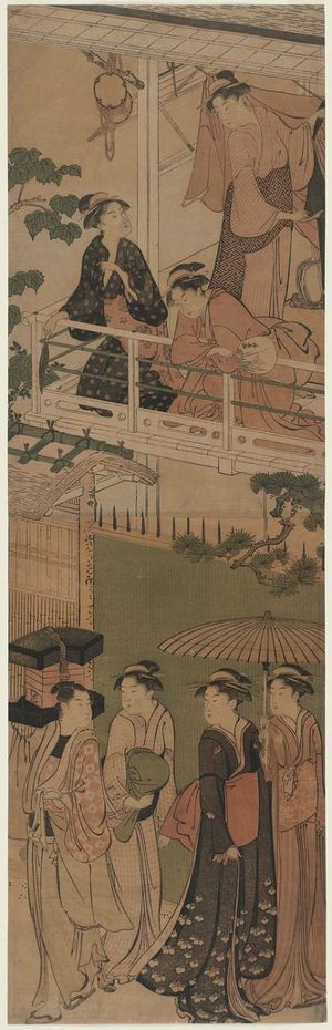 Torii Kiyonaga: Women on Balcony and Fan Peddler on Street - Museum of Fine Arts