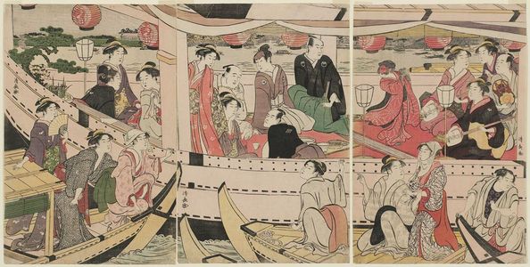 鳥居清長: Three Actors at a Boating Party on the Sumida River - ボストン美術館