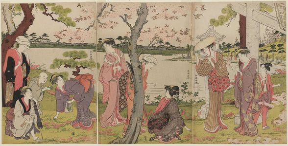 勝川春潮: Gathering Spring Flowers by the Pond of the Twelve Kumano Shrines at Tsunohazu - ボストン美術館