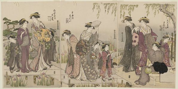 Katsukawa Shuncho: Courtesans and Attendants Viewing Iris at Yatsuhashi: from right, Mayuzumi of the Daimonjiya, kamuro Shigeki and Naname; Shizuka of the Tamaya, kamuro Hanano and Tomeki; Yûbae of the Ôgiya, kamuro Wakaba and Kaide - Museum of Fine Arts