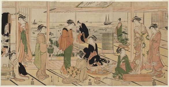 Hosoda Eishi: Party in a Room at Shinagawa Overlooking the Bay - Museum of Fine Arts